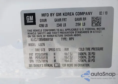 2019 Buick Encore Fwd Sport Touring z USA, uszkodzony, nr VIN KL4CJ1SB5KB869158